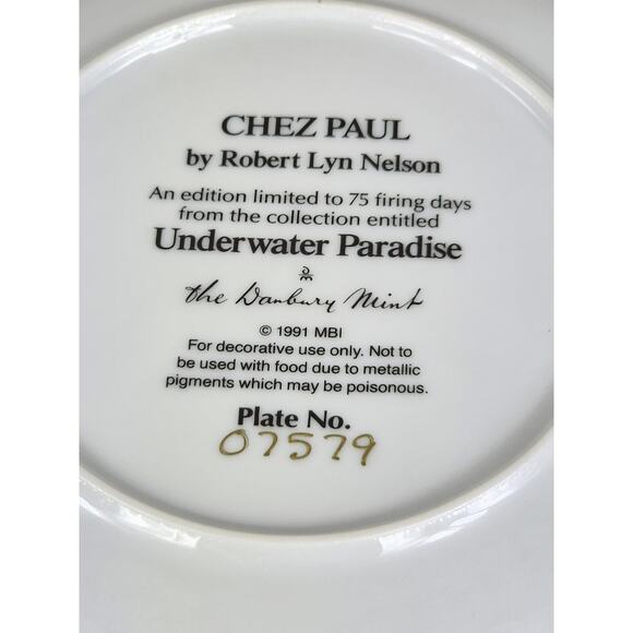 Underwater Paradise Chez Paul Dolphin Year 1991 Porcelain 8" Plate Wall Decor - Picture 13 of 14